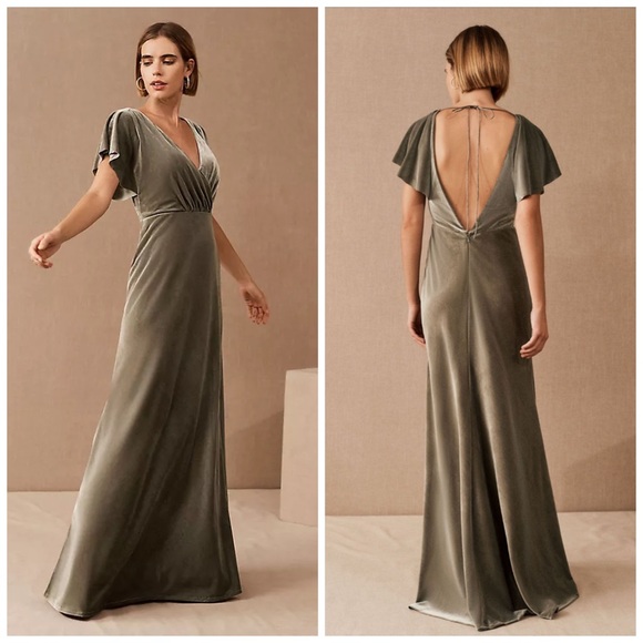 Jenny Yoo Ellis Flutter Sleeve Open Back Stretch Velvet Gown Green Size 10